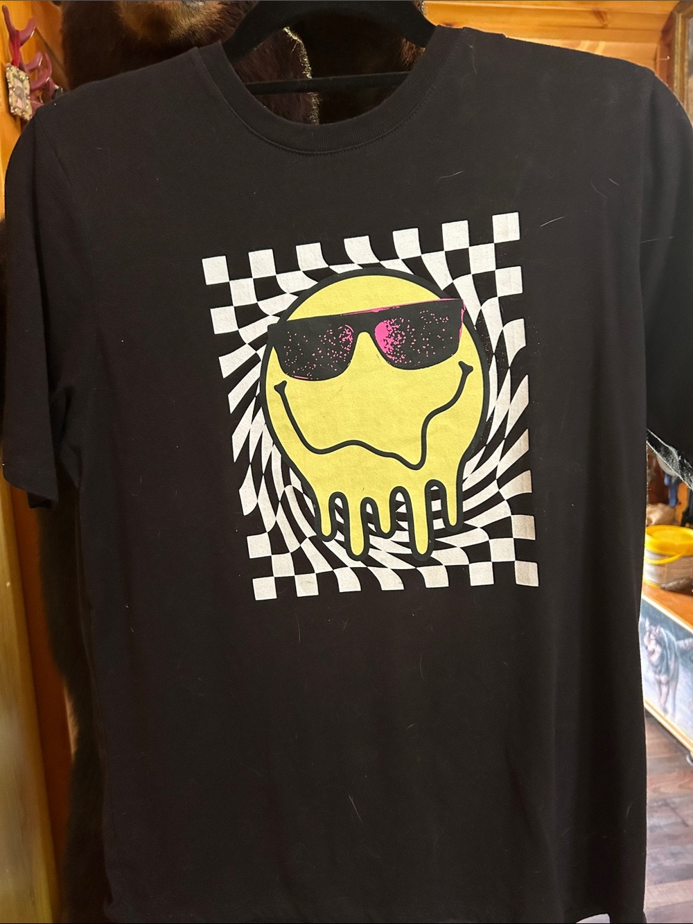 Black Short-Sleeve Tee with Yellow Melting Smile Graphic